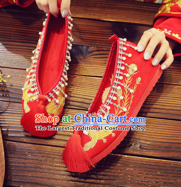 China Xiuhe Red Satin Shoes Classical Wedding Shoes Embroidered Pearls Shoes Handmade Bride Shoes