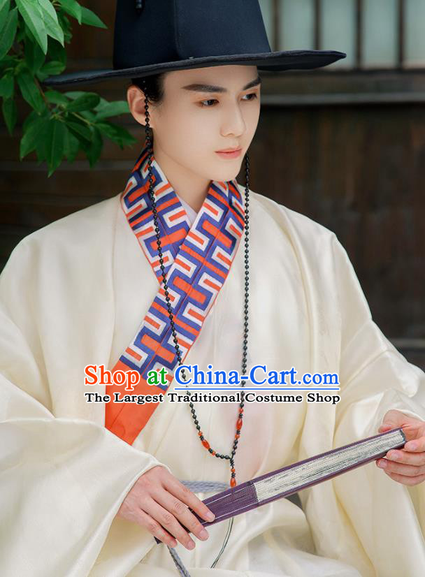China Ancient Scholar Beige Hanfu Robe Costume Traditional Ming Dynasty Confucian Master Historical Clothing
