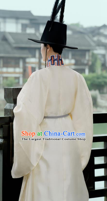 China Ancient Scholar Beige Hanfu Robe Costume Traditional Ming Dynasty Confucian Master Historical Clothing