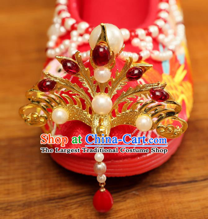 China Hanfu Shoes Classical Wedding Shoes Embroidered Pearls Shoes Handmade Golden Phoenix Bride Shoes XiuHe Red Satin Shoes