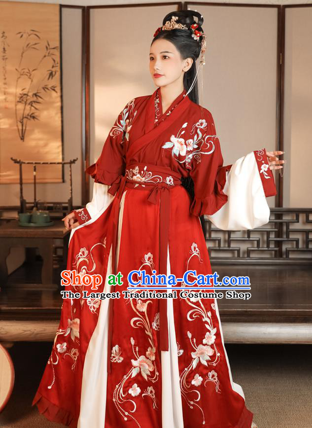 China Ancient Royal Princess Embroidered Red Hanfu Dress Jin Dynasty Palace Lady Clothing Traditional Historical Garment Costumes