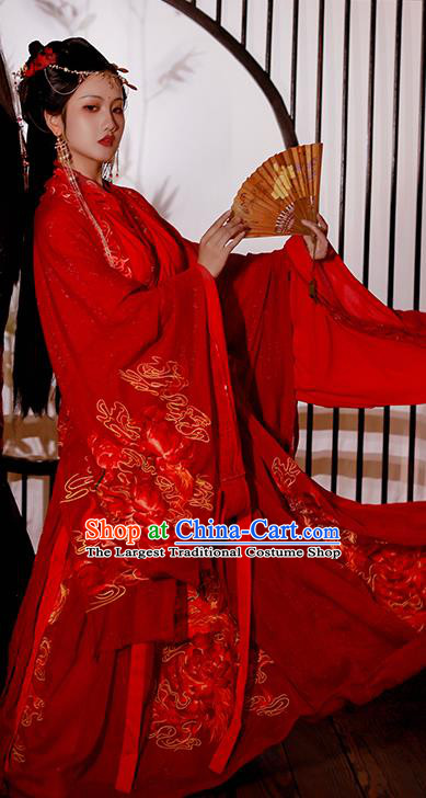China Ancient Bride Red Hanfu Dress Garments Traditional Jin Dynasty Princess Wedding Embroidered Historical Clothing Complete Set