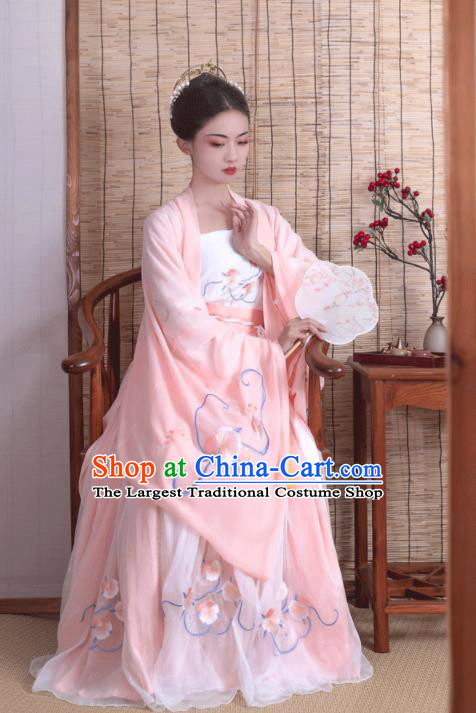 China Ancient Young Woman Pink Hanfu Dress Garments Traditional Song Dynasty Noble Beauty Historical Clothing Full Set