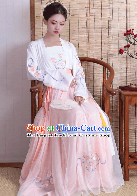 China Ancient Young Woman Pink Hanfu Dress Garments Traditional Song Dynasty Noble Beauty Historical Clothing Full Set