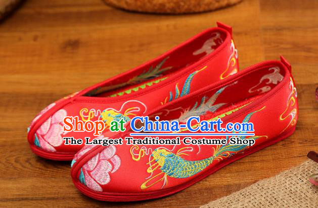 China Handmade Red Satin Shoes Xiuhe Shoes Classical Wedding Shoes Bride Shoes Embroidered Fish Shoes