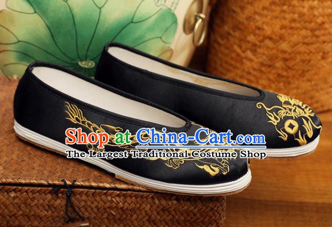 Chinese Handmade Black Satin Shoes Male Embroidered Dragon Shoes Traditional Wedding Shoes Bridegroom Shoes