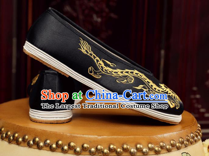 Chinese Handmade Black Satin Shoes Male Embroidered Dragon Shoes Traditional Wedding Shoes Bridegroom Shoes