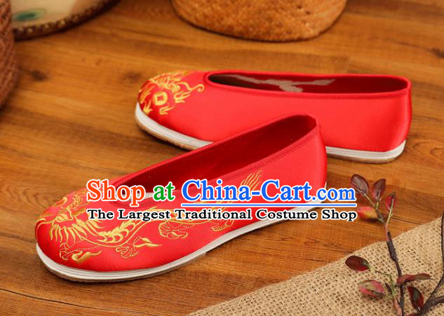 Chinese Male Embroidered Dragon Shoes Traditional Wedding Shoes Bridegroom Shoes Handmade Red Satin Shoes