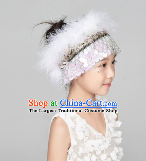 Professional China Girl Stage Performance Hair Crown Mongol Nationality Dance Hair Accessories Mongolian Ethnic Dance White Feather Headdress