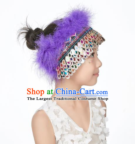 Professional China Mongolian Ethnic Dance Purple Feather Headdress Girl Stage Performance Hair Crown Mongol Nationality Dance Hair Accessories
