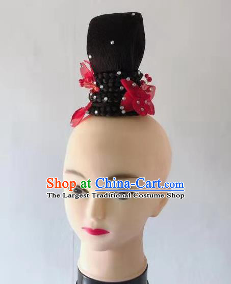 Handmade Chinese Classical Dance Hair Accessories Fan Dance Headpieces Woman Solo Dance Wigs Chignon