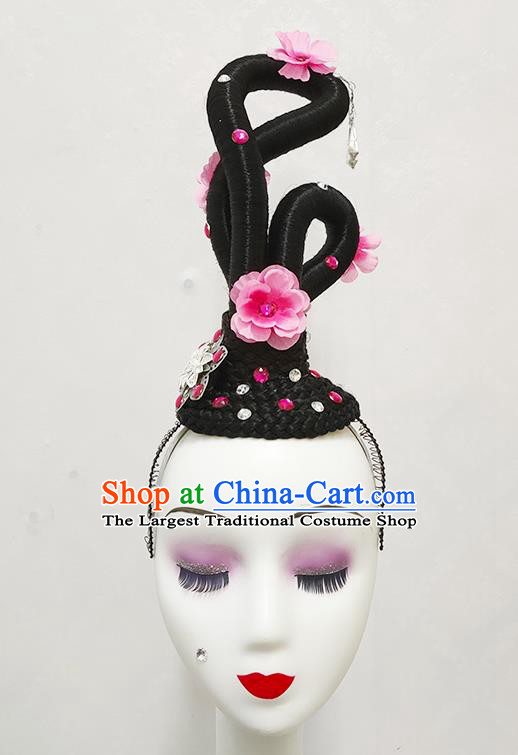 Chinese Woman Peach Blossom Dance Wigs Chignon Spring Festival Gala Stage Performance Hair Accessories Classical Dance Hairpieces