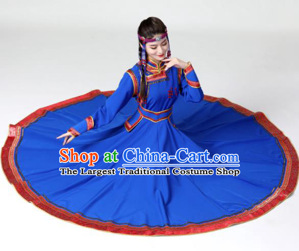 China Mongol Nationality Dance Clothing Woman Group Dance Garment Ethnic Costumes Mongolian Performance Blue Dress