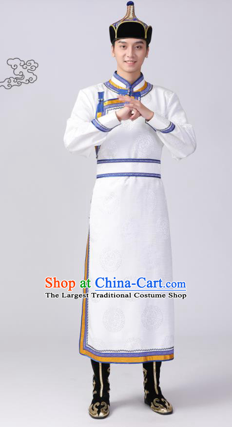 Chinese Mongol Nationality Dance White Robe Mongolian Ethnic Male Garment Costume Minority Stage Performance Clothing