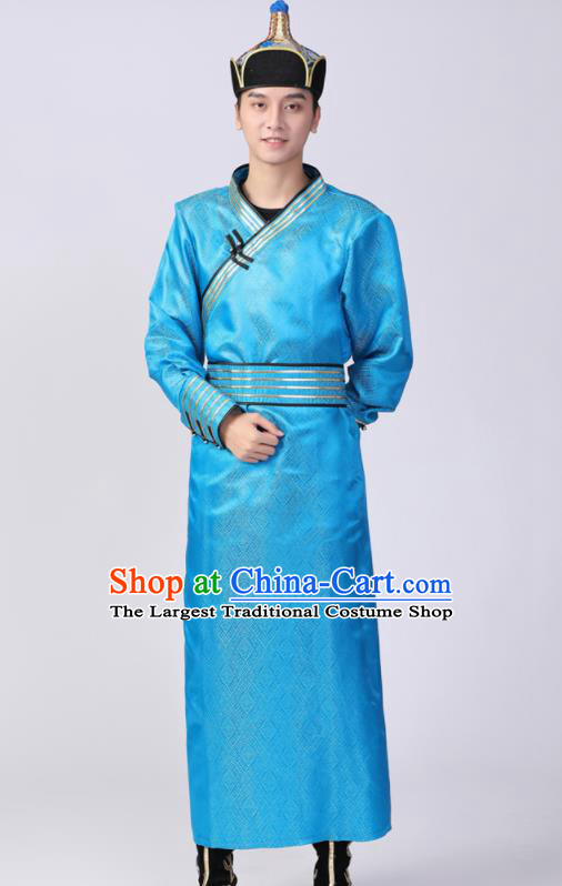 Chinese Mongol Nationality Blue Robe Mongolian Performance Garment Costume Minority Ethnic Folk Dance Clothing