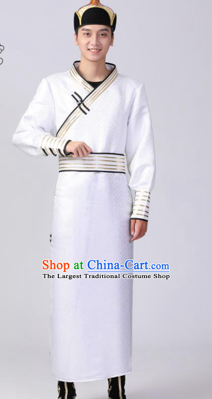 Chinese Minority Ethnic Folk Dance Clothing Mongol Nationality White Robe Mongolian Performance Garment Costume