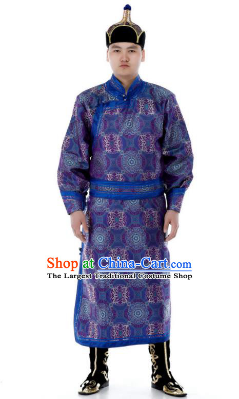 Chinese Ethnic Folk Dance Costume Minority Performance Clothing Mongol Nationality Deep Blue Brocade Robe Mongolian Male Garment