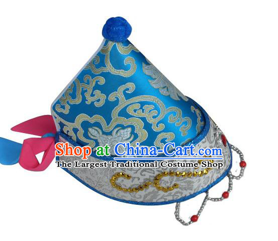 Chinese Mongolian Minority Children Headwear Mongol Nationality Girl Blue Hat Ethnic Dance Performance Headdress