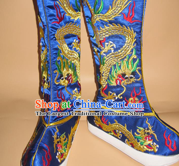 Chinese Ancient Emperor Shoes Beijing Opera King Shoes Handmade Imperial Royalblue Satin Boots Sichuan Opera Embroidered Dragon Shoes