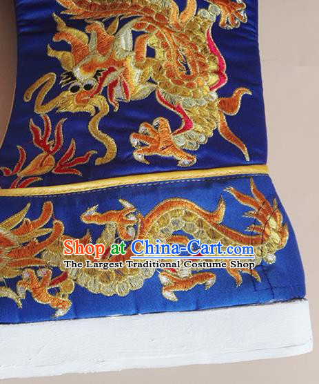 Chinese Ancient Emperor Shoes Beijing Opera King Shoes Handmade Imperial Royalblue Satin Boots Sichuan Opera Embroidered Dragon Shoes