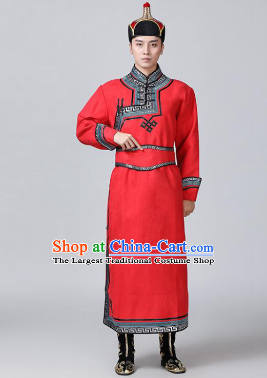 Chinese Mongol Nationality Red Suede Fabric Robe Mongolian Male Garment Costume Ethnic Minority Folk Dance Clothing