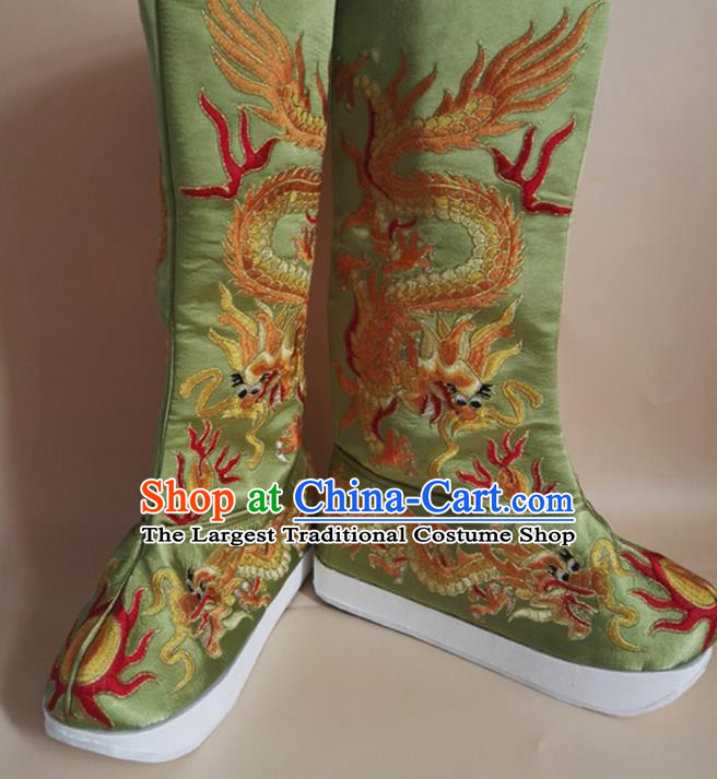 Chinese Beijing Opera King Shoes Handmade Light Green Satin Boots Sichuan Opera Embroidered Dragon Shoes Ancient Emperor Shoes