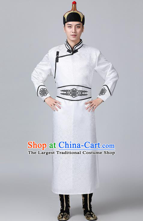 Chinese Minority Folk Dance Clothing Mongol Nationality White Robe Mongolian Male Garment Ethnic Wedding Costume