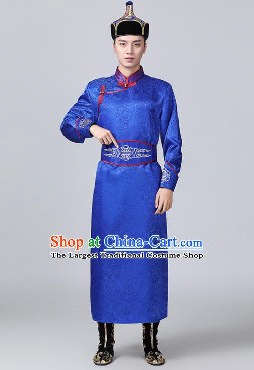Chinese Ethnic Wedding Costume Minority Folk Dance Clothing Mongol Nationality Royalblue Robe Mongolian Male Garment