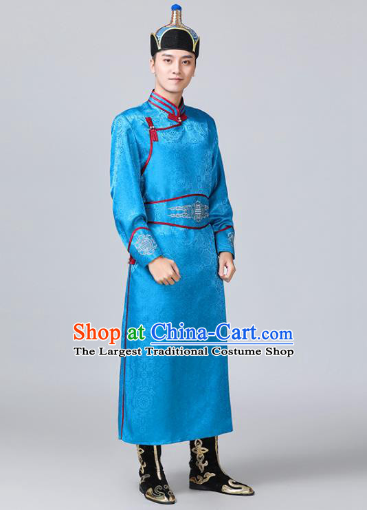 Chinese Mongolian Male Garment Ethnic Wedding Costume Minority Folk Dance Clothing Mongol Nationality Blue Robe