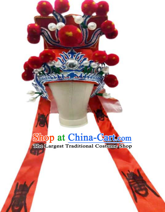 Chinese Peking Opera General Helmet Ancient Warrior Headdress Beijing Opera Wusheng Red Hat Headwear