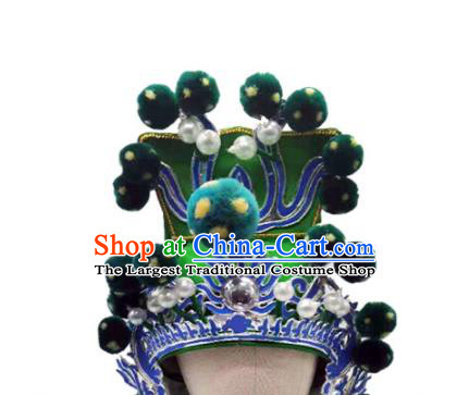 Chinese Beijing Opera Wusheng Green Hat Headwear Peking Opera General Helmet Ancient Warrior Headdress