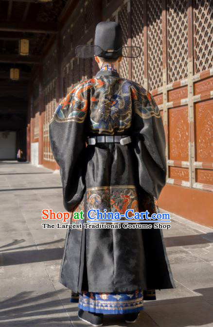 China Ancient Official Garment Costume Traditional Ming Dynasty Male Wedding Clothing Black Long Robe