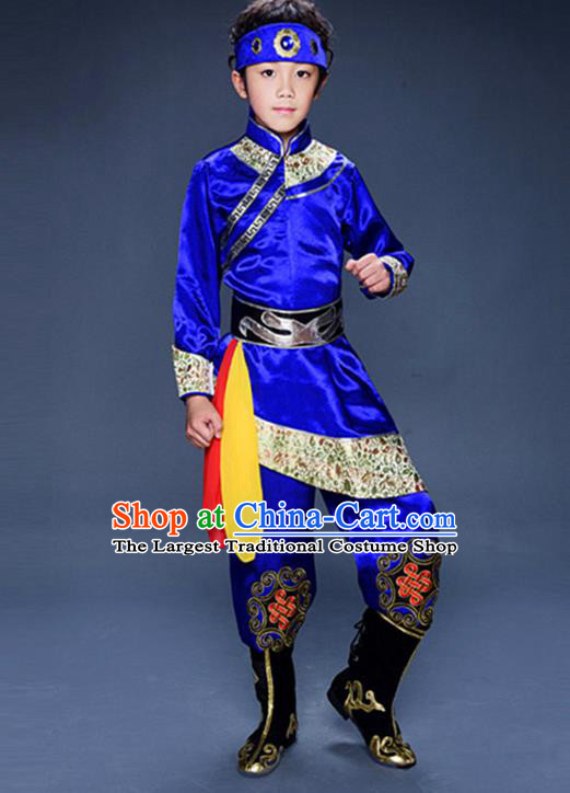 Chinese Mongol Nationality Boys Clothing Ethnic Children Folk Dance Garments Mongolian Minority Performance Blue Uniforms