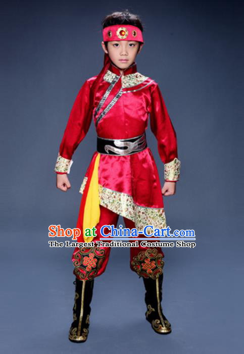 Chinese Ethnic Children Folk Dance Garments Mongolian Minority Performance Red Uniforms Mongol Nationality Boys Clothing