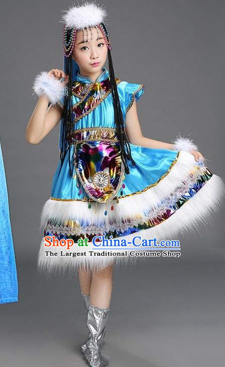 Chinese Ethnic Children Folk Dance Garments Tibetan Minority Performance Blue Dress Zang Nationality Girls Clothing