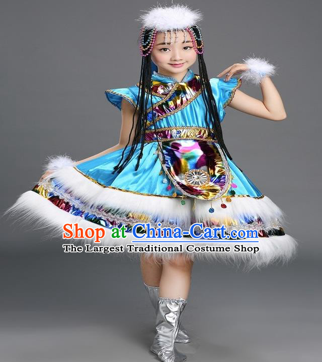 Chinese Ethnic Children Folk Dance Garments Tibetan Minority Performance Blue Dress Zang Nationality Girls Clothing