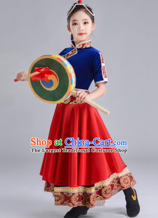 Chinese Zang Nationality Folk Dance Clothing Ethnic Children Stage Performance Garments Tibetan Minority Girl Red Dress and Hair Accessories