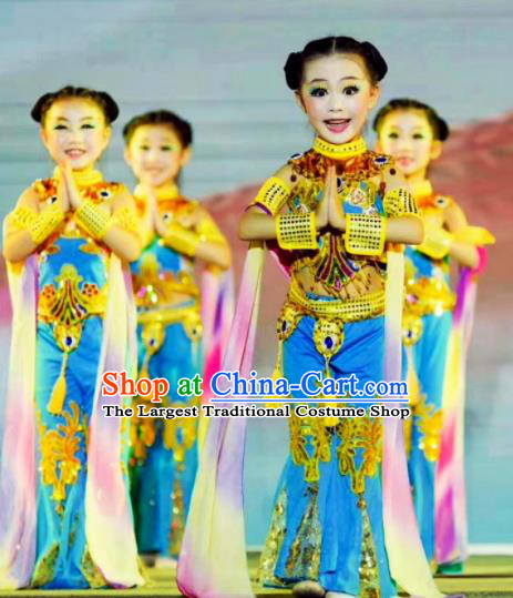 China Girl Stage Performance Dancewear Flying Dance Clothing Dunhuang Apsaras Dance Blue Outfits Children Classical Dance Costumes