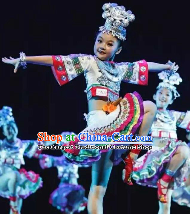 Chinese Miao Nationality Folk Dance Clothing Ethnic Children Stage Performance Garments Hmong Minority Girl White Dress