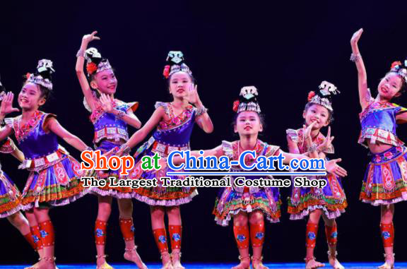 Chinese Hmong Minority Girl Blue Dress Miao Nationality Folk Dance Clothing Ethnic Children Stage Performance Garments