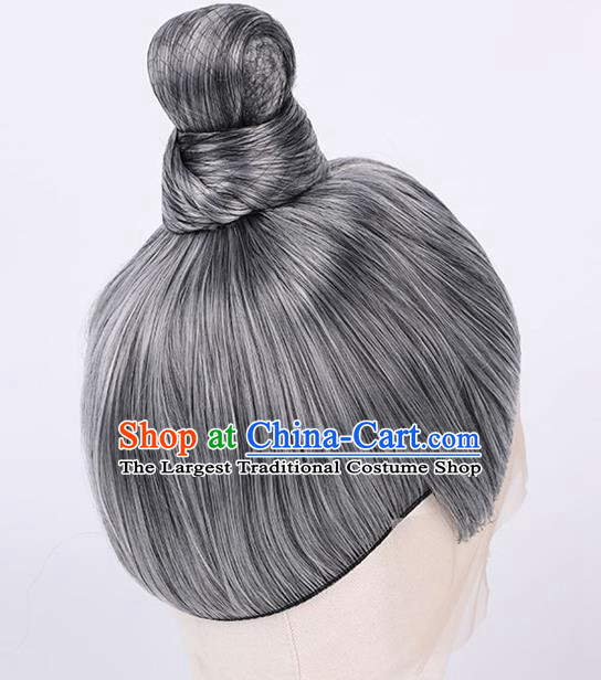 Chinese Handmade Tang Dynasty Milord Grey Front Lace Wigs Traditional Cosplay Official Headdress Ancient Elderly Male Hairpieces