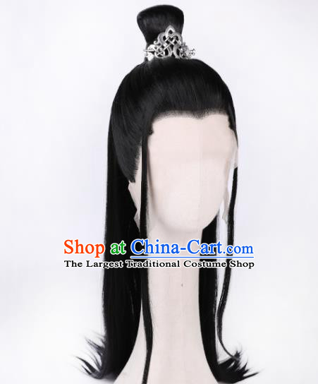 Chinese Traditional Cosplay Swordsman Headdress Ancient Young Childe Hairpieces Handmade Jin Dynasty Prince Black Front Lace Wigs