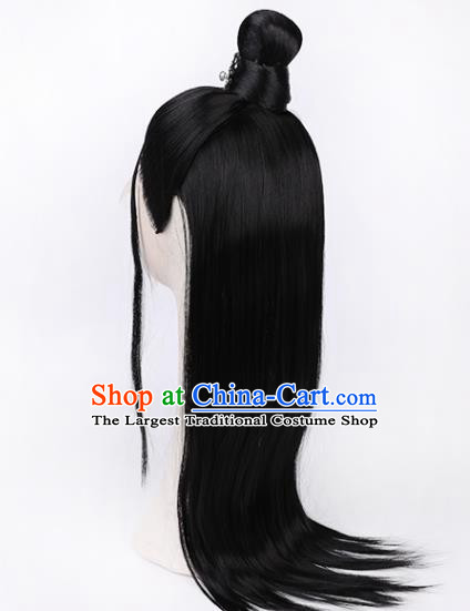 Chinese Traditional Cosplay Swordsman Headdress Ancient Young Childe Hairpieces Handmade Jin Dynasty Prince Black Front Lace Wigs