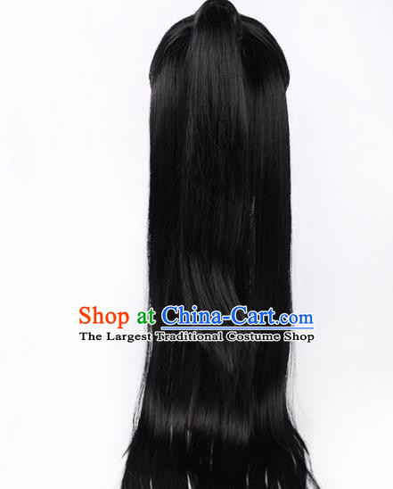 Chinese Handmade Jin Dynasty Knight Black Front Lace Wigs Traditional Cosplay Swordsman Headdress Ancient Young Childe Hairpieces
