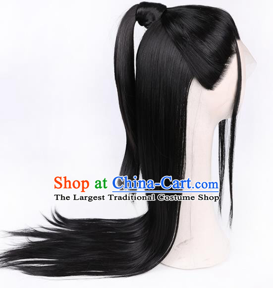 Chinese Handmade Jin Dynasty Knight Black Front Lace Wigs Traditional Cosplay Swordsman Headdress Ancient Young Childe Hairpieces