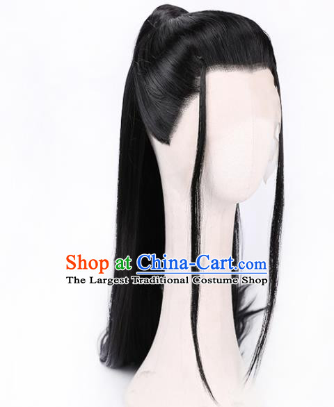Chinese Handmade Jin Dynasty Knight Black Front Lace Wigs Traditional Cosplay Swordsman Headdress Ancient Young Childe Hairpieces
