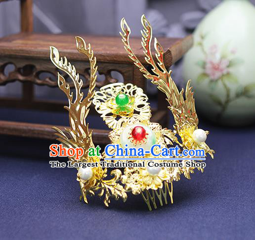 Chinese Traditional Hanfu Hair Accessories Ancient Empress Golden Hair Comb Ming Dynasty Bride Phoenix Hairpin