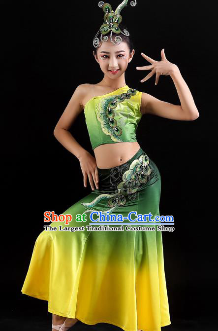 Chinese Dai Nationality Children Pavane Clothing Ethnic Folk Dance Garments Yunnan Minority Peacock Dance Green Dress Uniforms