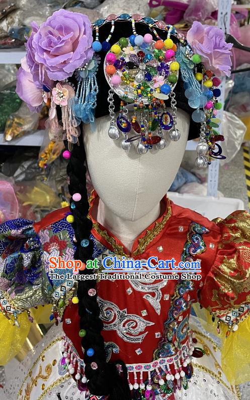Top China Hani Nationality Dance Headwear Ethnic Children Folk Dance Hat Girl Stage Performance Headpiece