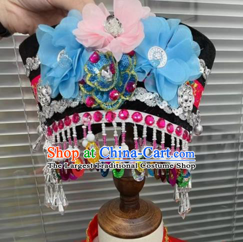 Top China Girl Stage Performance Headpiece Hani Nationality Dance Headwear Ethnic Children Folk Dance Hat